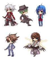  5boys aqua_eyes argent-ag belt black_pants blazblue blue_hair brown_eyes brown_hair card cardfight!!_vanguard character_request chibi commentary_request full_body gloves green_eyes green_hair group_picture hand_on_own_hip hat hazama heterochromia holding holding_card jacket kai_toshiki male_focus multiple_boys one_eye_closed pants ragna_the_bloodedge red_eyes sendou_aichi shirt smile spiked_hair sword weapon white_background white_hair 