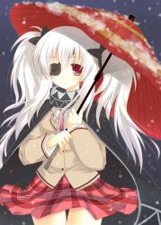  bad_id bad_pixiv_id blush eyepatch female hair_ornament izumiyuhina long_hair miniskirt necktie night oil-paper_umbrella photoshop_(medium) plaid plaid_skirt pleated_skirt red_eyes red_skirt school_uniform senran_kagura senran_kagura_shoujo-tachi_no_shin&#039;ei skirt snow snowflakes solo twintails umbrella underwear white_hair yagyu_(senran_kagura) 