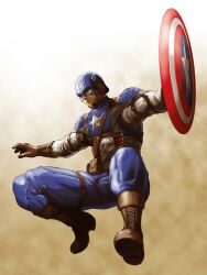  1boy armor boots captain_america captain_america:_the_first_avenger captain_america_(series) commentary_request gloves helmet highres jumping male_focus manly marvel marvel_cinematic_universe military military_uniform muscular photoshop_(medium) realistic retro_artstyle serious shield shimotsuki_juugo soldier solo steve_rogers superhero_costume uniform united_states world_war_ii 