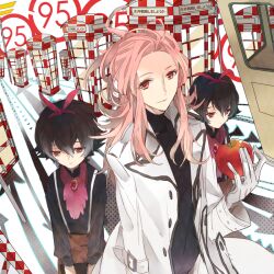  3boys apple arrow_(symbol) ascot black_hair brooch camelot coat commentary_request food fruit gloves hair_ribbon holding holding_food holding_fruit jewelry long_hair male_focus mawaru_penguindrum multiple_boys phone_booth pink_hair red_eyes ribbon shirase_(mawaru_penguindrum) souya_(mawaru_penguindrum) suspenders turtleneck watase_sanetoshi white_gloves 