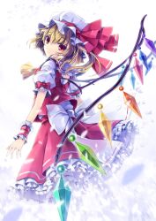  6u_(eternal_land) bad_id bad_pixiv_id blonde_hair crystal dress female flandre_scarlet frills hat hat_ribbon light_smile looking_at_viewer looking_back photoshop_(medium) red_eyes ribbon short_hair side_ponytail smile solo thighhighs touhou white_thighhighs wings wrist_cuffs 