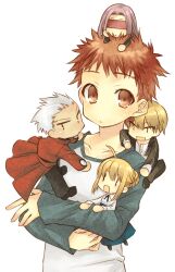  2girls 3boys ahoge archer_(fate) artoria_pendragon_(fate) bad_id bad_pixiv_id blindfold blonde_hair chibi dark-skinned_male dark_skin dress emiya_shirou fate/stay_night fate_(series) gilgamesh_(fate) green_eyes kotarou_(raincoat) long_hair medusa_(fate) medusa_(rider)_(fate) multiple_boys multiple_girls no_nose purple_hair raglan_sleeves red_eyes red_hair saber_(fate) short_hair white_hair 