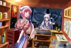  2girls animal_ears apron bird_ears bird_wings blue_apron bottle brown_kimono commentary_request dress_shirt earrings fish_(food) food_stand fujiwara_no_mokou grey_hair grilled_eel hand_fan head_scarf head_wings indoors japanese_clothes jewelry kimono lantern long_hair multiple_girls mystia_lorelei night_sparrow_love obi okamisty paper_fan paper_lantern purple_eyes purple_hair red_eyes sarashi sash shirt short_hair suspenders tasuki touhou uchiwa windtalker wings 