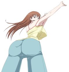  ass back big booty breasts brown_hair dat_ass hazel_eyes hibino_shiba kamisama_dolls large_breasts ribonzu rump shiba_hibino shirt shorts yellow_eyes 