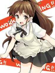  :o black_skirt blush brown_eyes brown_hair courreges_ace female long_hair miniskirt open_mouth photoshop_(medium) ponytail skirt smile solo taneshima_popura waitress working!! 