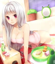  bathtub bent_over breasts cleavage commentary_request female highres idolmaster idolmaster_(classic) large_breasts long_hair meiko_(puua) mirror naked_towel red_eyes shampoo shijou_takane smile solo towel white_hair 