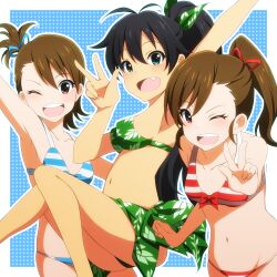  3girls armpits bikini black_hair blue_eyes brown_eyes brown_hair commentary_request flipped_hair futami_ami futami_mami ganaha_hibiki green_sarong high_ponytail high_side_ponytail idolmaster idolmaster_(classic) idolmaster_2 laco_soregashi long_hair multiple_girls navel oerba_yun_fang one_eye_closed open_mouth photoshop_(medium) ponytail print_sarong sarong short_hair siblings side_ponytail sisters smile striped_bikini striped_clothes swimsuit twins v 