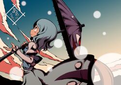  aqua_skirt blue_hair cloud commentary_request female karakasa_obake long_skirt looking_up mountain print_skirt purple_umbrella red_eyes short_hair skirt smile solo sonson_(eleven) tatara_kogasa tongue touhou umbrella 