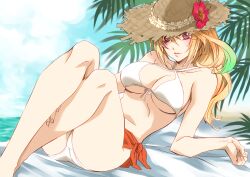  bikini blonde_hair breasts cleavage collarbone commentary_request criss-cross_halter female flower front-tie_top gradient_hair green_hair halterneck hat hat_flower hibiscus highres lips long_hair lying medium_breasts mikuni_saho milla_maxwell milla_maxwell_(swimsuit) multicolored_hair official_alternate_costume orange_sarong purple_eyes sarong solo straw_hat swimsuit tales_of_(series) tales_of_xillia underboob white_bikini 