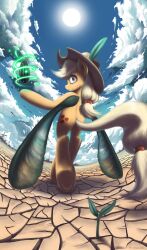  absurd_res applejack_(mlp) avoid_posting blonde_hair clothing cloud cracked_earth equid equine female friendship_is_magic green_eyes hair hasbro hat headgear headwear hi_res horn horse long_hair looking_at_viewer looking_back mammal my_little_pony pony seed sky solo sprout sun sweatshirt_(artist) 