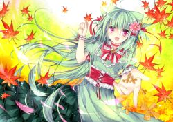  blush bow dress female flower frills green_hair hair_flower hair_ornament holding homaderi leaf long_hair looking_at_viewer maple_leaf personification pink_eyes pokemon puffy_sleeves reaching reaching_towards_viewer ribbon sceptile sidelocks solo wristband 