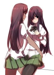  2girls black_bow black_bowtie black_hair blouse bow bowtie burn_scar dark-skinned_female dark_skin green_skirt hair_over_one_eye hug ikezawa_hanako interracial katawa_shoujo long_hair miniskirt miura_miki multiple_girls pantyhose pleated_skirt puffy_sleeves scar school_uniform shirt skirt sleeves_rolled_up waist_hold weee_(raemz) white_shirt yamaku_high_school_uniform yuri 