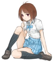  antenna_hair aqua_skirt bad_id bad_pixiv_id black_socks blush_stickers bow brown_hair female finger_to_mouth hidaka_ai idolmaster idolmaster_dearly_stars kneehighs minatsuki_randoseru miniskirt plaid plaid_skirt pleated_skirt red_eyes rough_time_school_(idolmaster) short_hair simple_background sitting skirt socks solo 