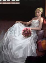  bare_shoulders blonde_hair blue_eyes bouquet bride claymore_(series) commentary dress english_commentary female flower gown grey_eyes helen_(claymore) highres leo_chuang lips nose photoshop_(medium) pink_flower pink_rose realistic rose satin satin_clothes satin_dress sitting solo wedding_dress 