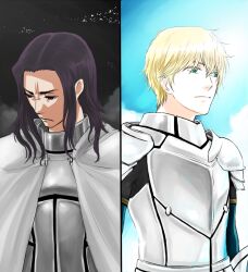  2boys armor berserker_(fate/zero) black_hair blonde_hair commentary_request fate/extra fate/stay_night fate/zero fate_(series) gawain_(fate) green_eyes long_hair multiple_boys spoilers xxoobattle 