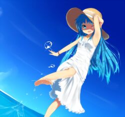  album_cover bad_id bad_pixiv_id barefoot blue_eyes blue_hair copyright_request cover dress dutch_angle feet female hand_on_headwear hat jewelry long_hair masamuuu necklace one_eye_closed smile soles solo splashing sun_hat sundress toes water 