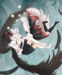  2girls animal_ears black_hair black_skirt black_socks black_wings commentary_request feathers flying frilled_skirt frills hat highres hug inubashiri_momiji inutose kneehighs long_skirt medium_skirt miniskirt multiple_girls photoshop_(medium) pleated_skirt print_skirt shameimaru_aya short_hair skirt socks tail tokin_hat touhou white_hair wings wolf_ears wolf_tail 