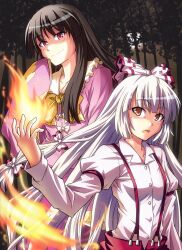  2girls arm_up bow brown_eyes brown_hair commentary_request dress dress_shirt fire forest fujiwara_no_mokou grey_hair hair_ribbon hairbow houraisan_kaguya long_hair multiple_girls nature night open_mouth pants photoshop_(medium) pink_dress red_eyes ribbon rimibure shirt smile suspenders touhou 