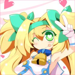  :p armpits blazblue blonde_hair bow commentary_request female gloves green_eyes hairbow heart long_hair one_eye_closed platinum_the_trinity quad_tails shirogane_(platinum) solo tongue tongue_out two_side_up v white_gloves 