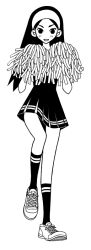  blush cheerleader eyebrows female full_body greyscale hairband kitsu_chiri kumeta_kouji leg_up long_hair monochrome official_art pom_pom_(cheerleading) sayonara_zetsubou_sensei shoes simple_background smile sneakers solo tube_socks 