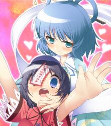  2girls bad_id bad_pixiv_id beret blue_eyes blue_hair finger_in_another&#039;s_mouth hair_ornament hair_rings hair_stick hat heart jiangshi kaku_seiga miyako_yoshika multiple_girls ofuda open_mouth outstretched_arms shawl smile supershiruco touhou vest zombie_pose 