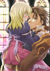  1boy alvin_(tales) bad_id bad_pixiv_id blonde_hair blush brown_eyes brown_hair carrying coat cropped_jacket dress elize_lutus female fujiwara_system green_eyes highres short_hair smile tales_of_(series) tales_of_xillia window 