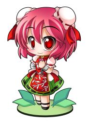  bad_id bad_pixiv_id bandages blush bun_cover chibi cuffs double_bun faux_figurine female flower hair_bun ibaraki_kasen medium_skirt pink_flower pink_hair pink_rose pleated_skirt red_eyes ribbon-trimmed_skirt ribbon_trim rose shackles shinjitsu shirt short_hair simple_background skirt smile solo tabard touhou white_background 