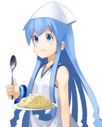  blue_eyes blue_hair commentary_request dress eating female food fried_rice hat ikamusume jyon long_hair plate prehensile_hair shinryaku!_ikamusume solo spoon tentacle_hair 