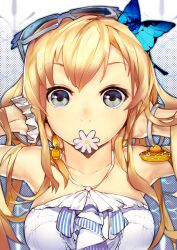  adjusting_hair bare_shoulders blonde_hair blue_eyes boku_wa_tomodachi_ga_sukunai bracelet bug butterfly butterfly_hair_ornament chinese_commentary commentary_request dan_evan earrings eyewear_on_head female flower_in_mouth hair_ornament highres jewelry kashiwazaki_sena long_hair mouth_hold photoshop_(medium) solo sunglasses upper_body 