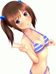  96tuki bad_id bad_pixiv_id bikini blue_bikini blue_eyes blush breasts brown_hair cleavage female hair_bobbles hair_ornament highres medium_breasts navel open_mouth original solo striped_bikini striped_clothes swimsuit v 