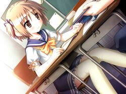  blue_skirt book brown_eyes brown_hair desk female frilled_skirt frills game_cg hair_ribbon hiide miniskirt nekomiya_nono photoshop_(medium) ponytail ribbon school school_uniform short_hair sitting skirt solo striped_clothes striped_skirt thighhighs writing yotsunoha 