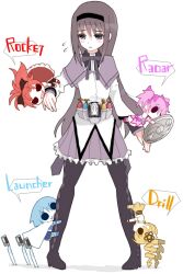  akemi_homura bad_id bad_pixiv_id belt black_hair blonde_hair blue_hair blush full_body kamen_rider kamen_rider_fourze_(series) kaname_madoka kyuubee long_hair magical_girl mahou_shoujo_madoka_magica miki_sayaka multiple_girls pantyhose pink_hair red_hair sakura_kyouko shield soul_gem sword tomoe_mami vader_(n.r.t.a.) weapon 