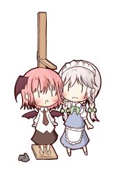  2girls :o alternate_hairstyle apron bad_id bad_pixiv_id bat_wings black_skirt blue_skirt blush bow braid chibi grey_hair hair_ribbon hairbow head_wings izayoi_sakuya koakuma maid measuring medium_skirt multiple_girls necktie red_hair ribbon shirt short_hair skirt skirt_set stadiometer touhou twin_braids uruc waist_apron wings |_| 