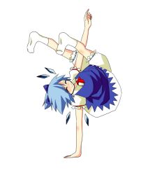  bloomers blue_hair breakdance cirno commentary_request dress female handstand ice ice_wings kuze one_arm_handstand partial_commentary smile socks solo touhou underwear upside-down wings 