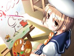  antenna_hair art_brush beret blush bow brown_eyes brown_hair canvas_(object) easel female hat hiide looking_at_viewer nekomiya_nono paint paintbrush painting_(action) palette_(object) photoshop_(medium) school_uniform short_hair solo thighhighs yotsunoha 