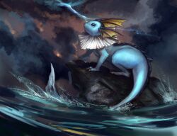  bad_deviantart_id bad_id black_eyes claws cloud fins head_fins lightning no_humans noa_ikeda pokemon pokemon_(creature) realistic rock storm stormy_waters vaporeon water 