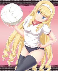  ball black_buruma black_thighhighs blonde_hair blue_eyes breasts buruma commentary_request curly_hair dream_c_club dream_c_club_(series) dream_c_club_zero female gym_uniform hairband hand_on_own_hip haruka_(dream_c_club) head_tilt long_hair medium_breasts photoshop_(medium) shougi_(116) smile solo sportswear thighhighs very_long_hair volleyball volleyball_(object) volleyball_uniform 