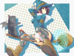  broom broom_riding commentary_request feline female hat highres kanata_(kanata_onion) magic_circle original photoshop_(medium) polka_dot polka_dot_legwear solo thighhighs witch witch_hat 