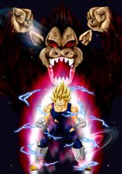  1boy aura blonde_hair blood boots bruise clenched_hands commentary_request dragon_ball dragon_ball_z highres injury majin_vegeta muscular oozaru red_eyes spiked_hair super_saiyan super_saiyan_2 teeth torn_clothes umepisu vegeta 