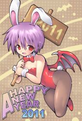  2011 animal_ears bat_wings bow bowtie commentary_request detached_collar female holding holding_sign kurogarasu leotard lilith_aensland new_year pantyhose photoshop_(medium) placard playboy_bunny purple_hair rabbit_ears rabbit_tail red_eyes red_leotard short_hair sign solo tail vampire_(game) wings wrist_cuffs 