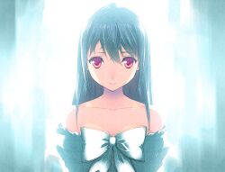  bad_id bad_pixiv_id bare_shoulders black_hair bow collarbone dress face looking_at_viewer original red_eyes smile solo upper_body yasuyuki 