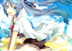  aqua_hair bad_id bad_pixiv_id blue_sky cloud cloudy_sky day female green_eyes hair_ribbon hatsune_miku kneeling long_hair looking_at_viewer open_mouth project_diva_(series) project_diva_extend ribbon sekiranun_graffiti_(vocaloid) shiny_(module) shiomizu_(swat) sky smile solo twintails vocaloid 