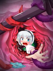  ascot black_hairband blue_eyes commentary_request female hairband inside_creature konpaku_youmu panties photoshop_(medium) sheath solo sword t.o.d tears tentacle touhou underwear vore weapon wet white_hair 