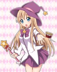  blonde_hair blue_eyes bow commentary_request cosplay female food hat ice_cream long_hair mirakurun mirakurun_(cosplay) sk_(buta) solo toshinou_kyouko wand witch_hat yuru_yuri 