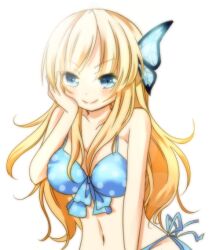  bikini blonde_hair blue_bikini blue_eyes boku_wa_tomodachi_ga_sukunai breasts bug butterfly butterfly_hair_ornament commentary_request female hair_ornament hand_on_own_cheek hand_on_own_face kashiwazaki_sena large_breasts long_hair mushi_baibai navel side-tie_bikini_bottom smile solo string_bikini swimsuit upper_body 