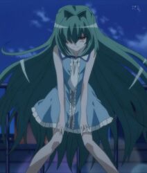  bent_over dress green_hair hair_over_one_eye long_hair omamori_himari panties red_eyes shizuku_(omamori_himari) short_hair 