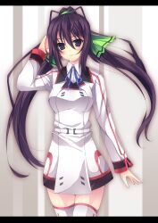  absurdres bad_id bad_pixiv_id black_eyes black_hair blush bow ebicha female hairbow highres infinite_stratos letterboxed long_hair looking_at_viewer photoshop_(medium) ribbon school_uniform shinonono_houki solo split_ponytail thighhighs white_thighhighs 