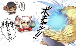  3girls angel angry animal_ears chibi commentary_request hadouken hisahiko japanese_clothes koma_(neko_musume_michikusa_nikki) komainu multiple_girls neko_musume_michikusa_nikki parody photoshop_(medium) raccoon_ears raccoon_tail riko_(yuu_yake_koya_ke) sarah_(yuu_yake_koya_ke) street_fighter tail translated wings yellow_eyes yuuyake_koyake 