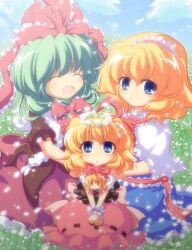  3girls alice_margatroid anime_coloring blonde_hair blue_dress blue_eyes blue_sky capelet closed_eyes commentary_request day doll dress family field flower flower_field frills front_ponytail green_hair hair_flower hair_ornament hair_ribbon hairband hands_on_shoulders head_wreath kagiyama_hina lily_of_the_valley medicine_melancholy multiple_girls nullpooo open_mouth outdoors red_dress ribbon sash sitting sky smile su-san touhou v_arms wrist_cuffs 