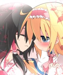  2girls alice_margatroid bad_id bad_pixiv_id black_hair blonde_hair blue_eyes blush closed_eyes couple hair_ribbon hair_tubes hakurei_reimu holding_hands interlocked_fingers kita_senju lowres multiple_girls ribbon touhou yuri 